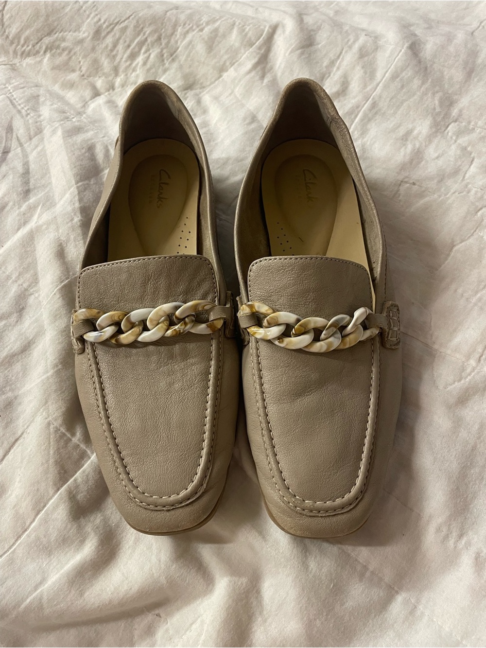 Clarks Women's Taupe Leather Loafers with Chunky Chain Trim